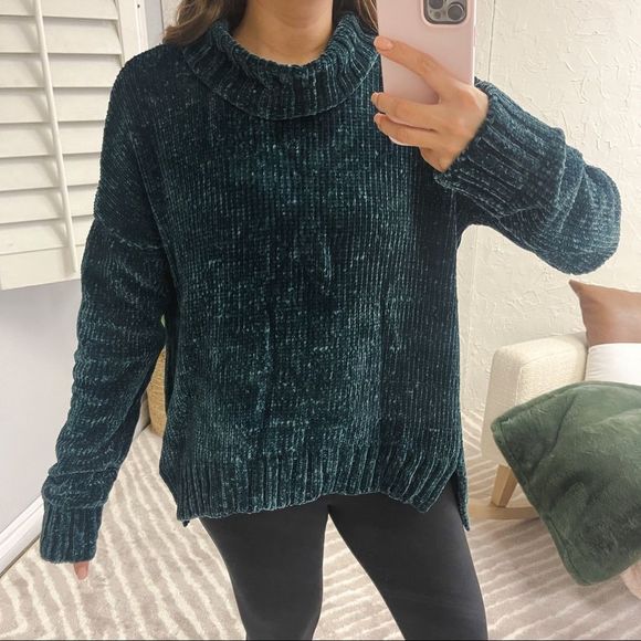 New Marled Reunited Cowl Turtleneck Evergreen Chenille Knit Sweater Green - Picture 2 of 15